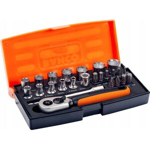 Bahco Galvučių, terkšlės ir priedų rinkinukas 4-13mm, antgaliai PH,HEX,TORX 1/4" 25vnt blisteryje. Bahco