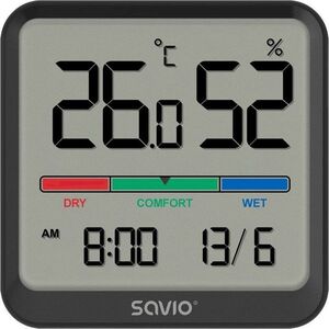 Savio Czujnik temperatury i wilgotności SAVIO CT-01/B, ekran LCD, do użytku wewnętrznego, zegar, data