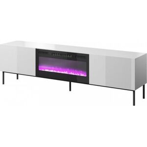 Cama Meble Szafka RTV SLIDE 200K z kominkiem elektrycznym na czarnym stelażu 200x40xH57 cała w białym połysku