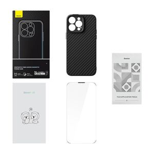 Baseus Synthetic Fiber Series Apple iPhone 14 Pro (black) + tempered glass + cleaner kit