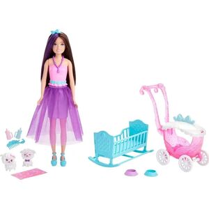 Lalka Barbie Barbie LALKA BARBIE SKIPPER Z WÓZKIEM I BOBASAMI OWIECZKI Wózek HLC29 Dreamtopia
