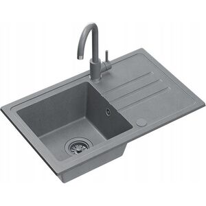 Zlewozmywak BEN 111 zlewozmywak granitowy silver stone 70x44 z szarą baterią ze stałą wylewką, z szarym syfonem i szarą zaślepką