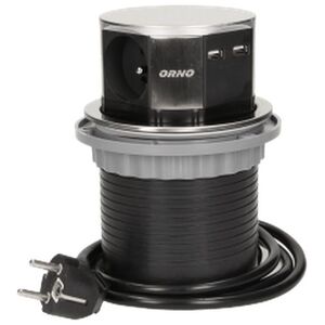 Orno Gniazdo meblowe ?10cm wysuwane z blatu z ładowarką USB i przewodem 1,5m, 3x2P+Z, 2xUSB, INOX