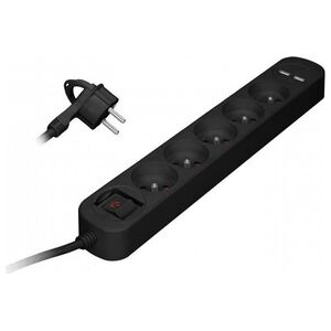 Orno Listwa przeciwprzepięciowa, 5 gniazd 2P+Z, kabel 1,5m, z wyłącznikiem podświetlanym dwutorowym. 10A/230 VAC, Ładowarka 2xUSB 2,1A. Płaska wtyczka