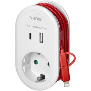 Adapter USB Orno Adapter z ładowarką USB i kablem ładującym (typ C + Lightning), 1x2P+Z Schuko, 2xUSB (Typ A+C), max 3,4A