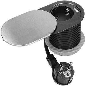 Orno Gniazdo meblowe ?6cm, wpuszczane w blat z przesuwną pokrywką, ładowarką USB i przewodem 1,9m, 1x2P+Z (Schuko), 1xUSB (typ A+C| PD20W), srebrne