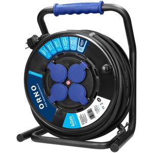 Orno Przedłużacz bębnowy profesjonalny IP44, 4 gniazda 2P+Z (Schuko), kabel gumowy olejoodporny, H07RN-F 3x2,5mm?, długość 40m, unikatowy stojak CUBE, STAŁE GNIAZDA, termik, przesłony torów prądowych.