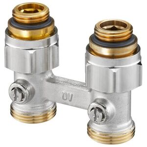 Oventrop Multiflex F, ZB-podwójne przyłącze z odcięciem, 1/2GZx3/4GZ, mosiądz, niklowane