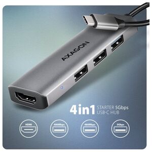 axagon HMC-H3A Wieloportowy hub USB 4in1, 5Gbps, 3x USB-A (2x USB2.0, 1x USB3.0) + HDMI 4K/30Hz, metal, 15cm USB-C kabel