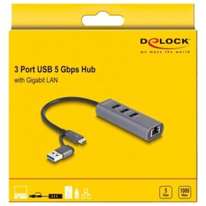 DeLOCK 3 Port USB 5 Gbps Hub + Gigabit LAN with USB Type-C, Docking Station (grey)