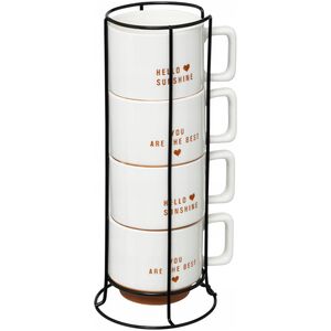Zestaw 4 porcelanowych kubków HELLO na metalowym stojaku, 4 x 300 ml