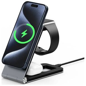 DUZZONA W22 - aluminiowa ładowarka indukcyjna, składana 3w1, kompatybilna z MagSafe 15W czarna