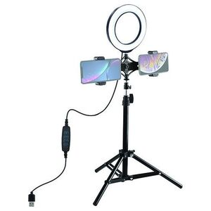 Puluz LED δακτυλιοειδής λάμπα žiedinė lempa 16cm, su trikoju stovu iki 70cm ir dvigubu telefono laikikliu, USB 13360259 9990000940523