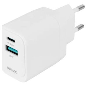 USB GaN sieninis įkroviklis DELTACO, 1x USB-A 18, W 1x USB-C PD 30 W, PPS / USBC-AC155 / 1903158