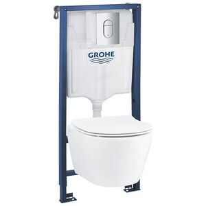 Stelaż Grohe GROHE Solido 4in1: potinkinis unitazo rėmas su WC SEREL Rimless+lėtai nusileidžiančiu dangčiu, chromo mygtuku ARENA COSMOPOLITAN, tvirtinimais, 101046SH0H