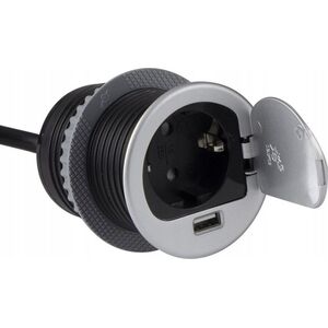 Ilgintuvas, ileidziamas, SINGLE BOX aluminium, 1x Schuko 1x USB, Design Light