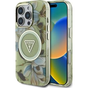 Etui Guess Glitter Flowers Triangle       Buttons MagSafe do iPhone 16 Pro zielony