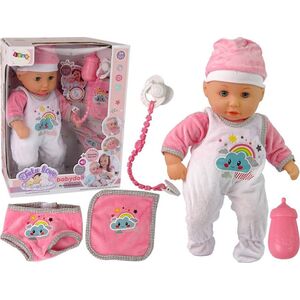 LeanToys Lalka Bobas Dźwięk Smoczek Śliniaczek Różowa Biała Piżama Chmurka