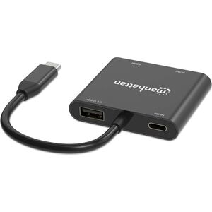 MANHATTAN USB-C auf Dual-Monitor-Adapter zwei HDMI bis 4K60Hz USB-A 480 Mbit/s und USB Power Delivery 100W Ports Aluminium schwarz