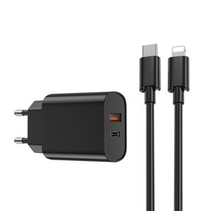 WIWU wall charger Wi-U002 PD + QC 20W 1x USB 1x USB-C black + cable USB-C - Lightning 6976195090178