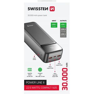 SWISSTEN, Powerbank, POWER LINE II, Li-Pol, 5/9/12V, do �adowania telefon�w i innych urz�dze�, 22013948, 30000mAh, czarna