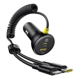 Ładowarka samochodowa Baseus 60W 2xUSB-C + wbudowany kabel USB-C, Lightning (Czarna)