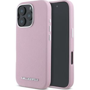 Karl Lagerfeld Saffiano Full Wrapped Elongated Metal Logo MagSafe Case for iPhone 16 Pro Max Pink