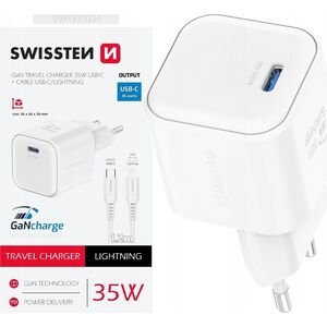 Φορτιστής Ταξιδιού Swissten GaN USB-C 35W PD + Καλώδιο Δεδομένων USB-C - Lightning 1.2m