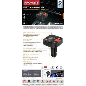 PROMATE PowerTune-30W Bluetooth FM Transmitter QC3.0 / PD30W / USB / Hands-free
