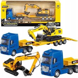 Ciężarówka z Naczepą Laweta Koparka Metalowa Huina Żółta 1:50