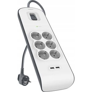 Belkin Πολύπριζο προστασίας από υπερτάσεις 650J, 6 υποδοχές Schuko, 2x USB-A, 2μ