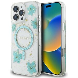 Etui Guess Resin Flowers Glitter MagSafe do Apple iPhone 16 Pro Max turkusowy