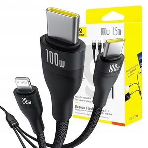 Καλώδιο 3 σε 1 BASEUS Flash Series 3 100W USB-C - USB-C+USB-C+Lightning 1,5m + 3 x 0,25 m - μαύρο