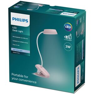 Επαναφορτιζόμενη λάμπα LED με κλιπ PHILIPS DONUTCLIP, 3W, 4000K, 175lm, ρυθμιζόμενη, ροζ.