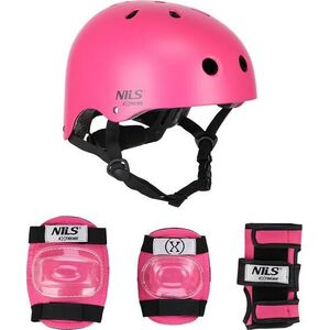 Nils Extreme Zestaw kask z ochraniaczami na rower rolki hulajnogę Nils Extreme mr290 h230 różowy rozmiar M