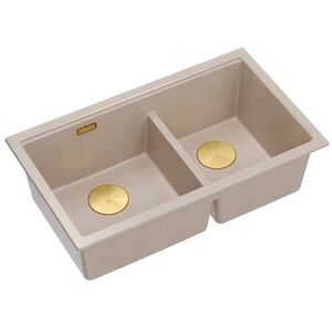 GraniteQ | LOGAN 120 | γρανιτένιος νεροχύτης κουζίνας PEARL BEIGE + ΧΡΥΣΟ PVD | διάσταση: 76 x 45 x 23,5 cm | 2-θέσιος υποκαθήμενος | υποδομή ντουλαπιού από: 80 cm