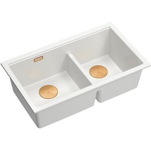 QUADRON | LOGAN 120 | γρανιτένιος νεροχύτης κουζίνας SNOW WHITE + MIEDŹ PVD | διάσταση: 76 x 45 x 23,5 cm | 2-θάλαμος υποκαθήμενος | βάση ντουλαπιού από: 80 cm