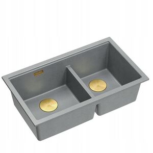 QUADRON | LOGAN 120 | γρανιτένιος νεροχύτης κουζίνας SILVER STONE + ZŁOTO PVD | διάσταση: 76 x 45 x 23,5 cm | 2-θέσιος υποκαθήμενος | ελάχιστο πλάτος ντουλαπιού: 80 cm