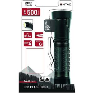 Φακός LED ENTAC, IP44, 5W, 500lm, μπαταρίες 3xAAA (δεν περιλαμβάνονται), η κεφαλή περιστρέφεται 90 μοίρες, μαύρο, 4x14cm