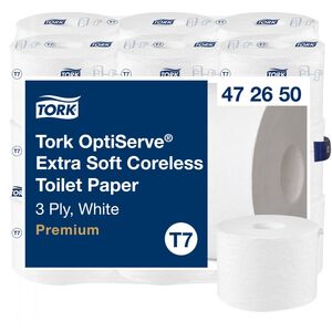 Tork Optiserve - Ekstramiękki papier toaletowy w rolce bez gilzy, T7, Premium, 3-warstwowy, 18  550 odcinków - Biały