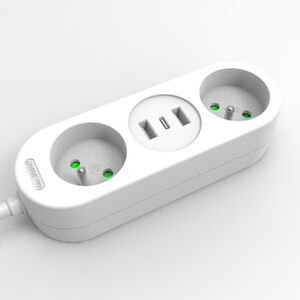 Solight 2z + USB A+C 17W, ταξιδιωτικό καλώδιο επέκτασης 1.5m, λευκό