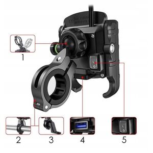 Βάση τηλεφώνου με φορτιστή USB Qiuck Charge 3.0 R9-metal usb qc 3.0 4 RIDE (για τιμόνι 20-30mm, χρώμα μαύρο, Μεταλλικό, τοποθετείται στο τιμόνι ή στη βίδα του καθρέφτη)