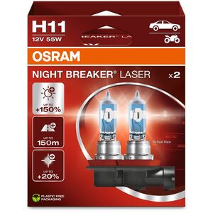 Λάμπα (Σετ 2 τεμ.) H11 12V 55W PGJ 19-2 έως 150 μ. μήκος δέσμης φωτός, έως 150% μεγαλύτερη φωτεινότητα, έως 20% λευκότερο φως Night Breaker Laser, λευκή