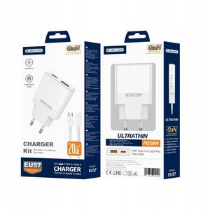 JELLICO φορτιστής τοίχου EU57 PD 20W 1xUSB-C + 1xUSB QC3.0 + καλώδιο USB-C - Lightning Λευκό