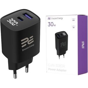 Ładowarka sieciowa Encore Energy GaN QC 4 PD 3.0 USB-A USB-C 30W GaN-3083R z wyświetlaczem standard