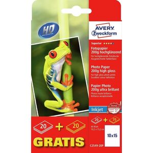 Avery C2549-20P, Υψηλή γυαλάδα, 200 g/m ^, Εκτυπωτής inkjet, 10x15 cm, Λευκό, 40 φύλλα