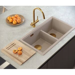 QUADRON | LOGAN 120 | γρανιτένιος νεροχύτης κουζίνας SOFT TAUPE + MIEDŹ PVD | διάσταση: 76 x 45 x 23,5 cm | 2-θέσιος εντοιχισμένος | βάση ντουλαπιού από: 80 cm
