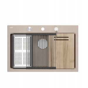 MARC 110 WORKSTATION GraniteQ νεροχύτης 1-θάλαμος 760*500*235 mm pearl beige + σιφόνι push to open + διανομέας ανοξείδωτο ατσάλι + ένθετο αποστράγγισης + Qmata + σανίδα/ μεταλλικά στοιχεία