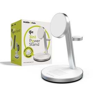 Φορτιστής MOBILE ORIGIN Qi2 PowerStand 3σε1 με προσαρμογέα GAN 35W, λευκό/ασημί