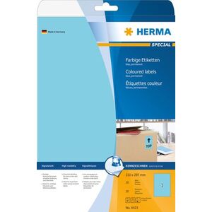 Herma Etykiety kolorowe 4423, A4, samoprzylepne, 210 x 297 mm, papier matowy niebieski, 20 szt (4423)